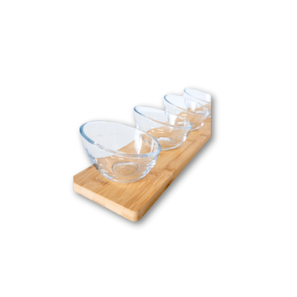 COPETINERO DE VIDRIO X4 CON TABLA DE BAMBOO (CA5801)