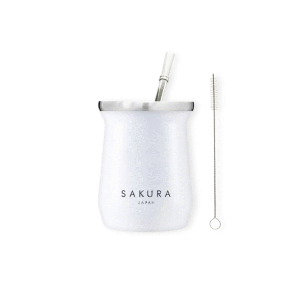 MATE SAKURA BLANCO ACERO CON BOMBILLA Y LIMPIADOR